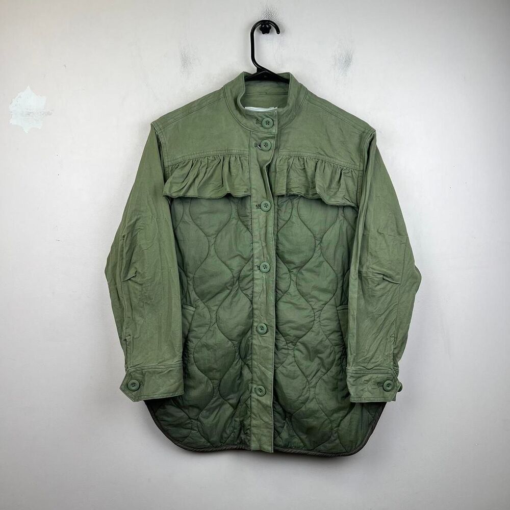 Anthropologie Green Quilted Jacket With Ruffle Detail Size XXS